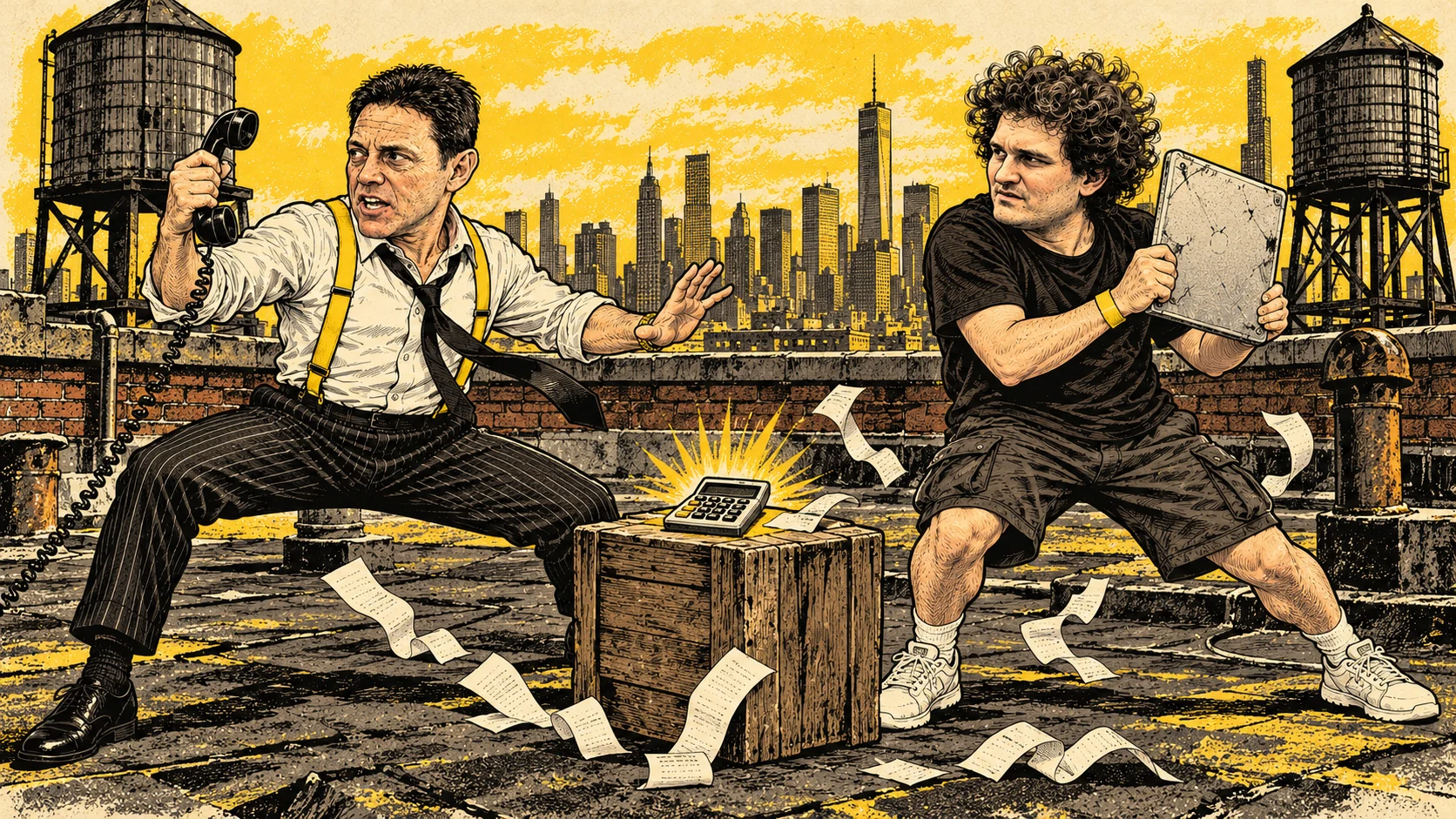 Fictional illustrated rooftop showdown between the Pitchman and the Improviser, with a calculator between them.